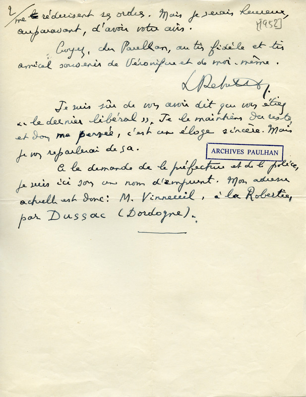 Lettre de Lucien Rebatet à Jean Paulhan, 1952-08-18