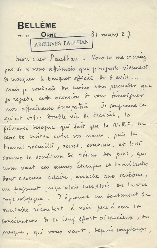 Lettre de Roger Martin du Gard à Jean Paulhan, 1927-03-31