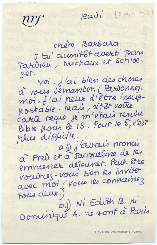 Lettre de Jean Paulhan à Barbara Church (3 septembre 1953)
