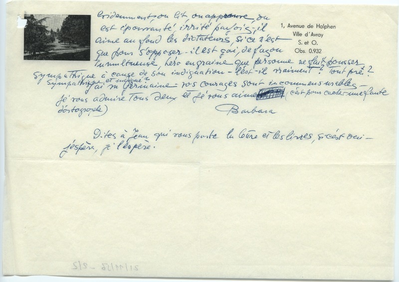 Lettre de Barbara Church à Jean Paulhan (21 septembre 1956)