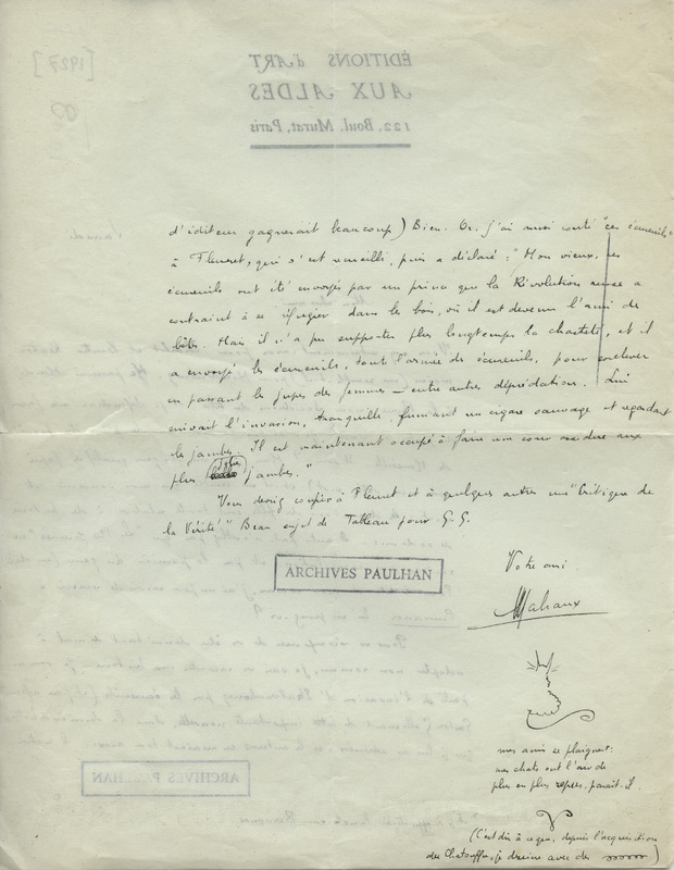 Lettre d'André Malraux à Jean Paulhan, 1927