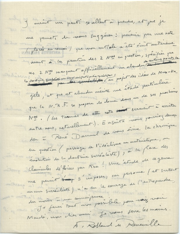 Lettre d'André Rolland de Renéville à Jean Paulhan, 1932-01-11 Lettre d'André Rolland de Renéville à Jean Paulhan, 1932-01-11