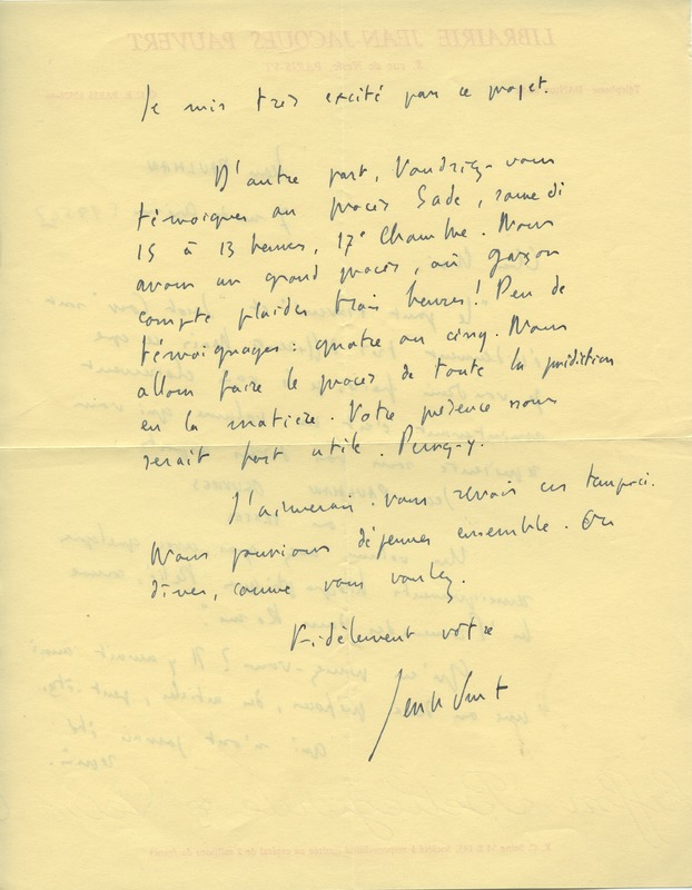 Lettre de Jean-Jacques Pauvert à Jean Paulhan, 1956