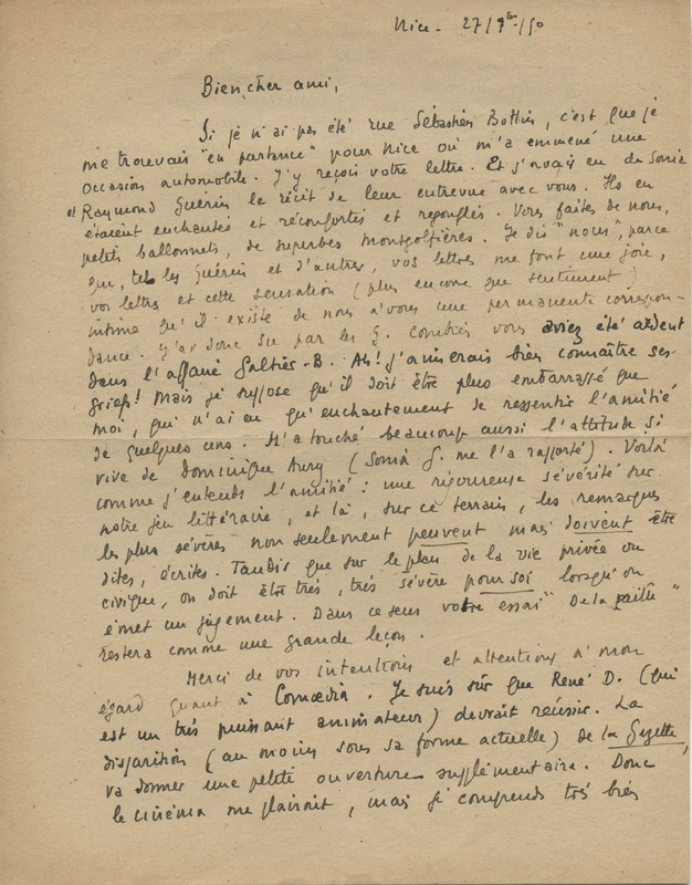 Lettre de Maurice Toesca à Jean Paulhan, 1950-09-27