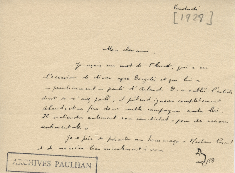 Lettre d'André Malraux à Jean Paulhan, 1928 Lettre d'André Malraux à Jean Paulhan, 1928