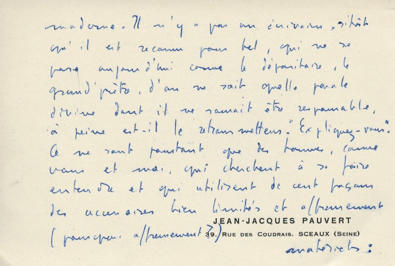 Lettre de Jean-Jacques Pauvert à Jean Paulhan, 1951