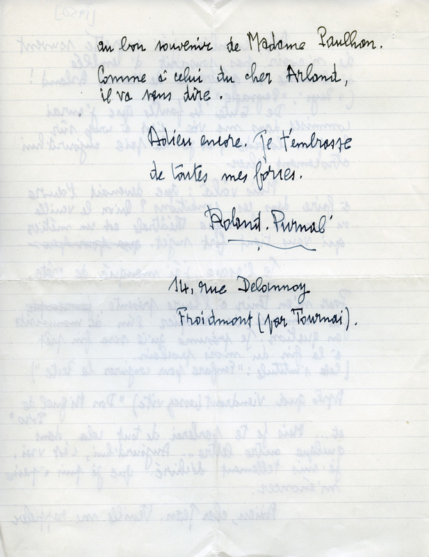 Lettre de Roland Purnal à Jean Paulhan, 1950-07-22