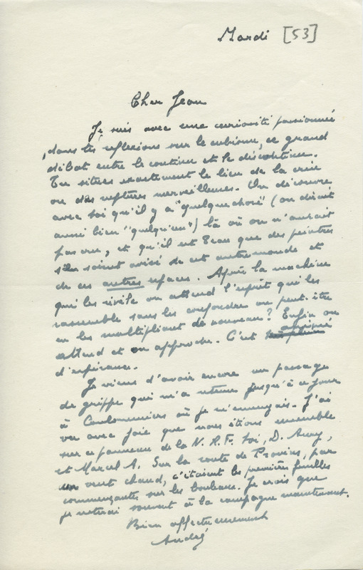 Lettre d'André Dhôtel à Jean Paulhan, 1953