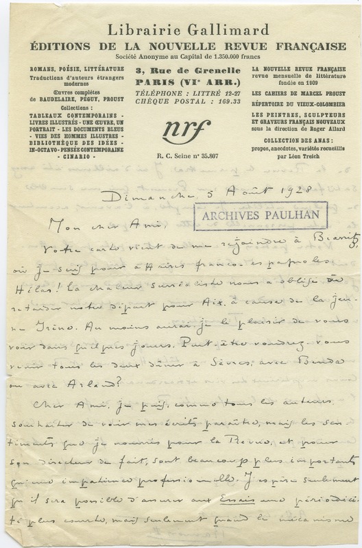 Lettre de Ramon Fernandez à Jean Paulhan (5 août 1928)