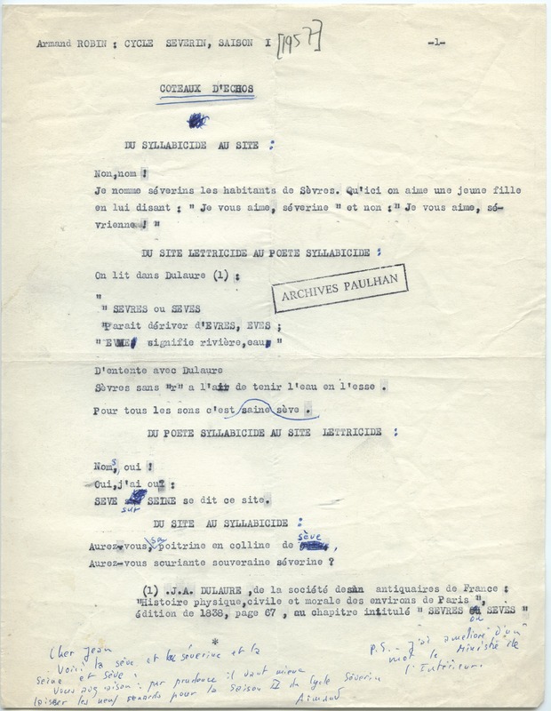 Lettre d'Armand Robin à Jean Paulhan (1957)
