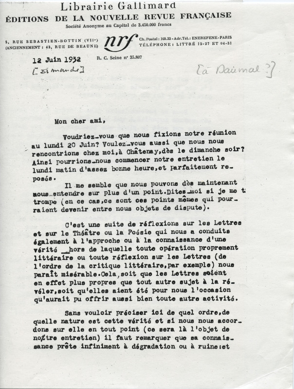 Lettre de Jean Paulhan à René Daumal, 1932-06-12