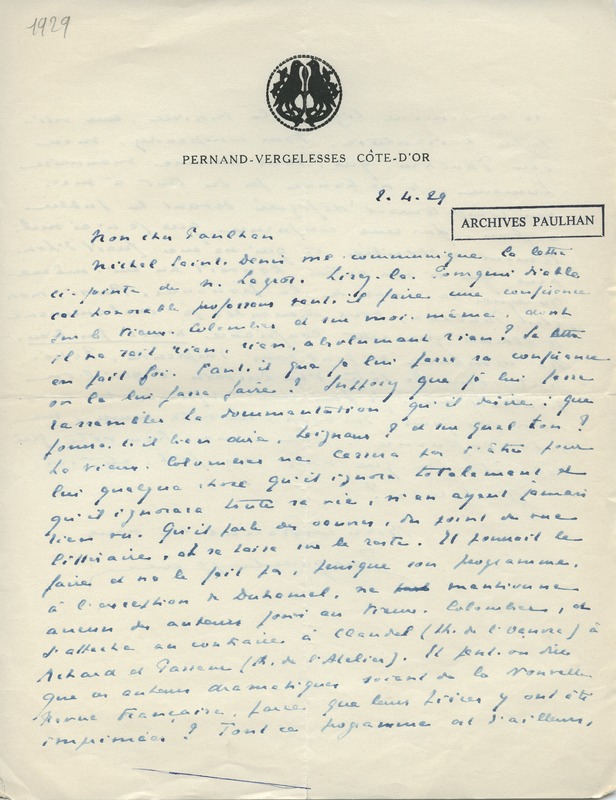 Lettre de Jacques Copeau à Jean Paulhan, 1929-04-02