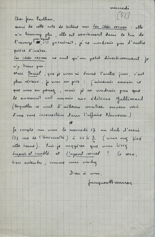 Lettre de Jacques Brenner à Jean Paulhan, 1951