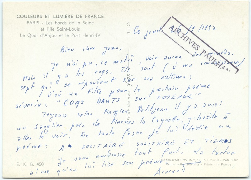 Lettre d'Armand Robin à Jean Paulhan (26 septembre 1957)