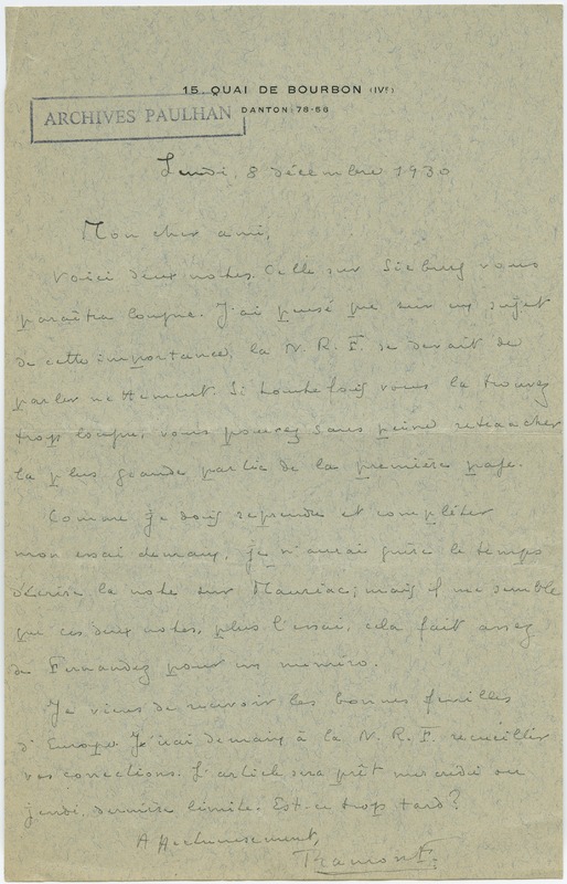 Lettre de Ramon Fernandez à Jean Paulhan (8 décembre 1930)