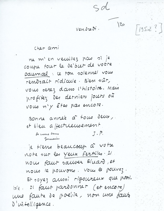 Lettre de Jean Paulhan à André Rolland de Renéville, 1952