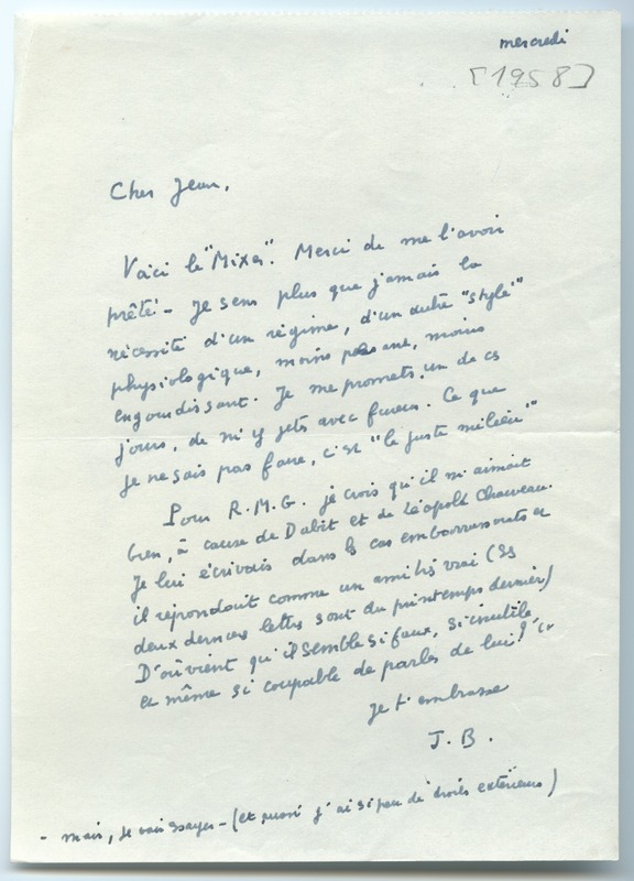 Lettre de Jean Blanzat à Jean Paulhan (1958)