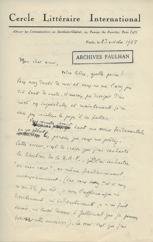 Lettre de Benjamin Crémieux à Jean Paulhan, 1925-10-23