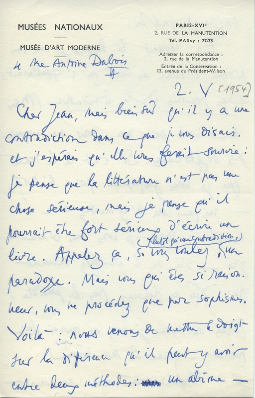 Lettre de Jean Cassou à Jean Paulhan, 1954-05-02