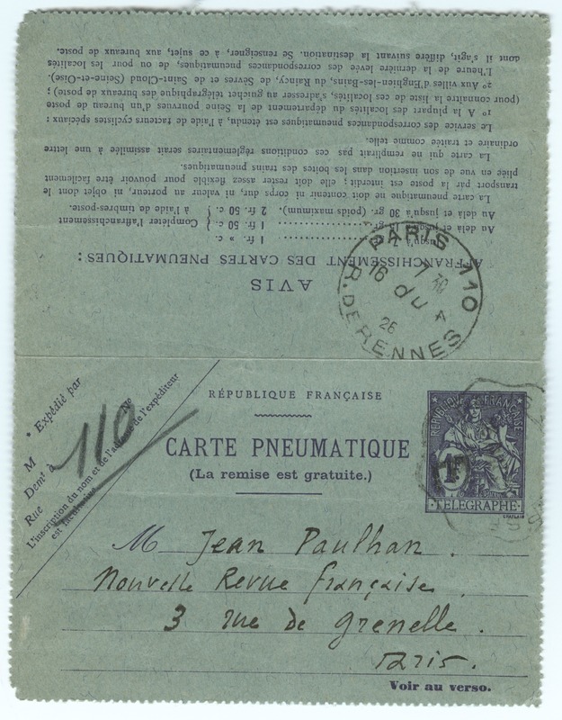 Lettre de Léon-Paul Fargue à Jean Paulhan (16 avril 1926) Lettre de Léon-Paul Fargue à Jean Paulhan (16 avril 1926)