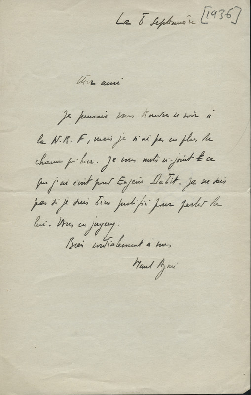 Lettre de Marcel Aymé à Jean Paulhan, 1936-09-08