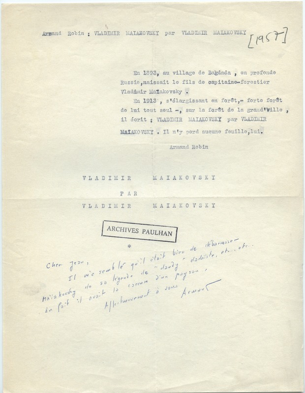 Lettre d'Armand Robin à Jean Paulhan (1957)
