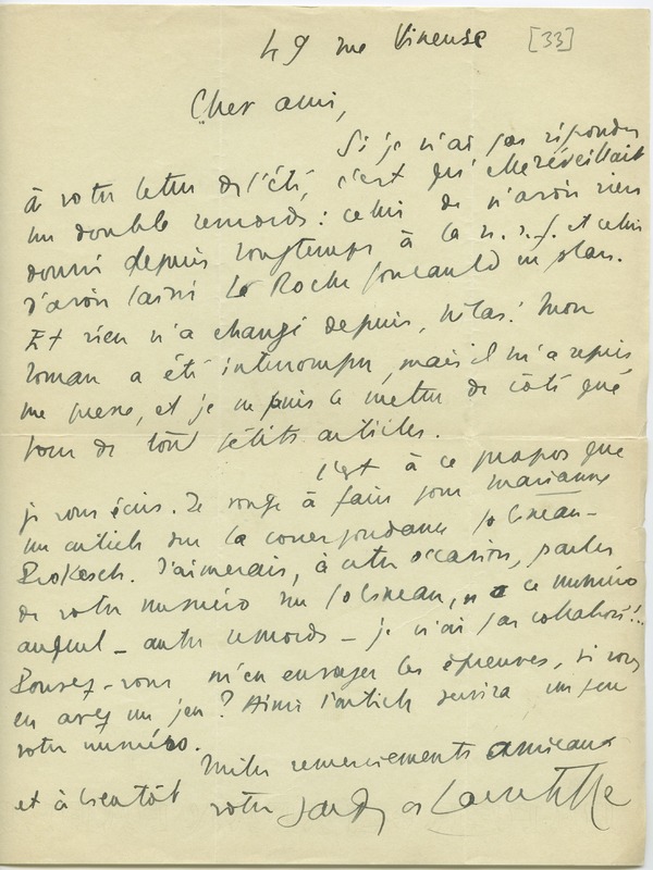 Lettre de Jacques de Lacretelle à Jean Paulhan (1933)