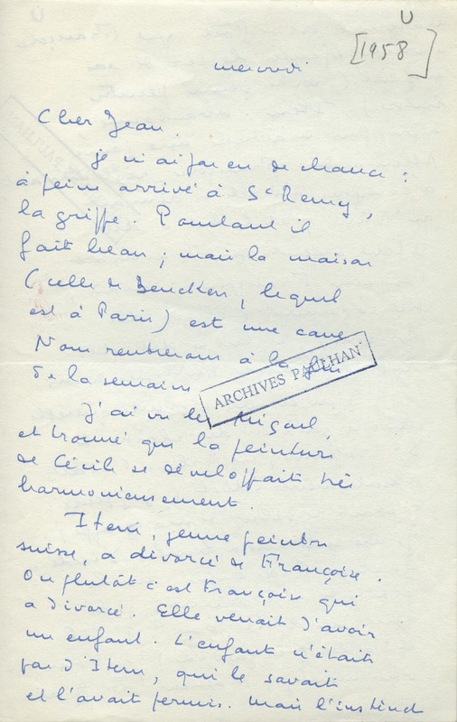 Lettre de Marcel Arland à Jean Paulhan, 1958