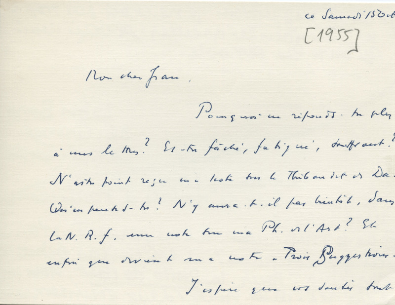 Lettre de Léon Bopp à Jean Paulhan, 1955-10-15