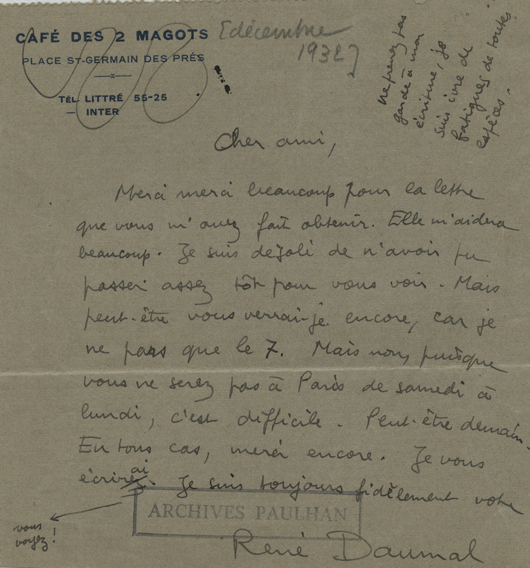 Lettre de René Daumal à Jean Paulhan, 1932-12