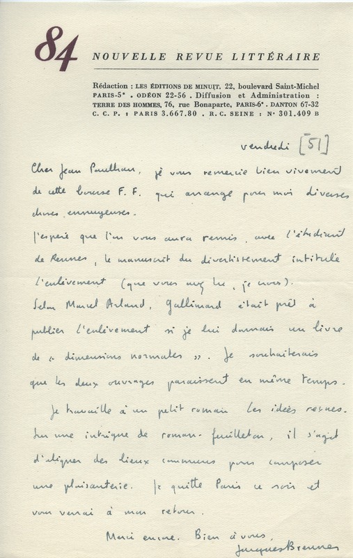 Lettre de Jacques Brenner à Jean Paulhan, 1951