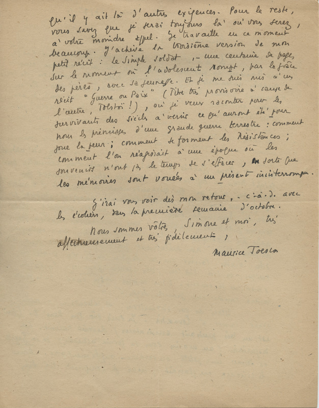 Lettre de Maurice Toesca à Jean Paulhan, 1950-09-27