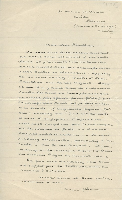 Lettre de Henri Ghéon à Jean Paulhan, 1932