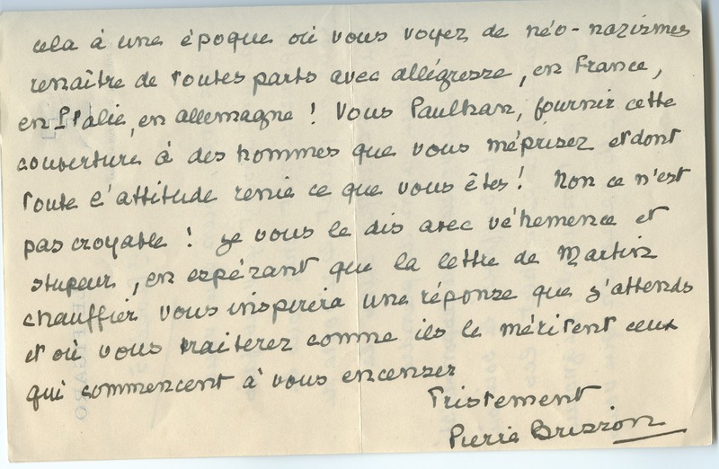 Lettre de Pierre Brisson à Jean Paulhan (1er février 1952)