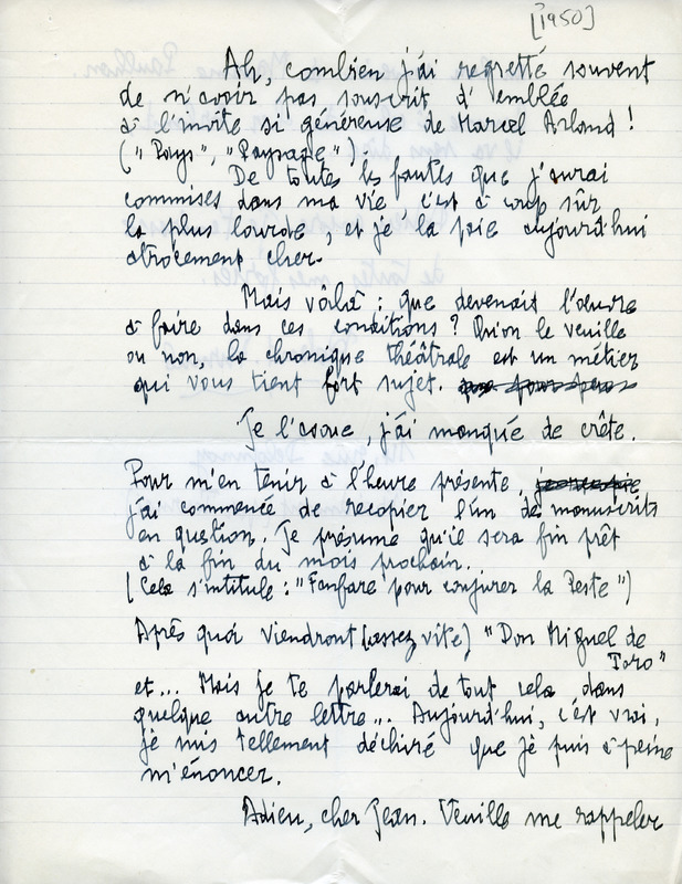 Lettre de Roland Purnal à Jean Paulhan, 1950-07-22