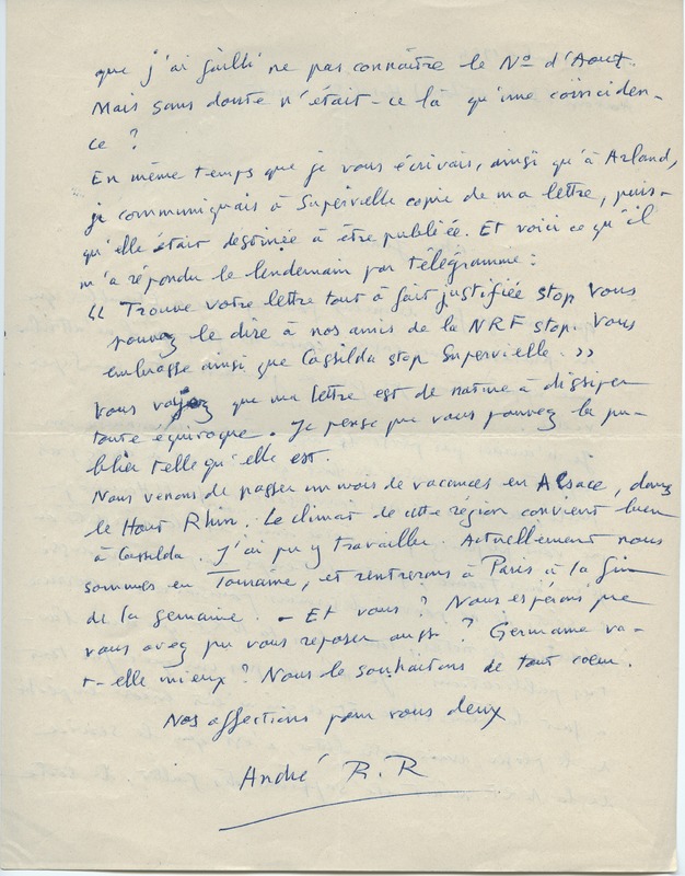 Lettre d'André Rolland de Renéville à Jean Paulhan, 1954-09-01