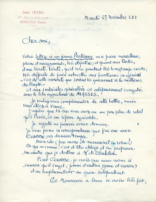 Lettre de Jean Arabia à Jean Paulhan, 1956-11-27