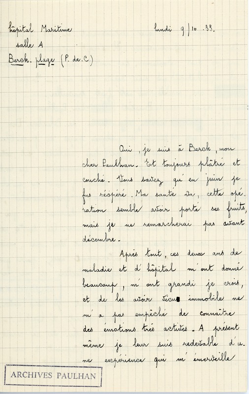 Lettre de Pierre Minet à Jean Paulhan, 1933-09-10