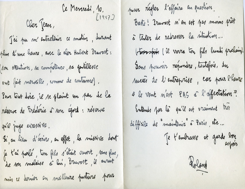 Lettre de Roland Purnal à Jean Paulhan, 1957