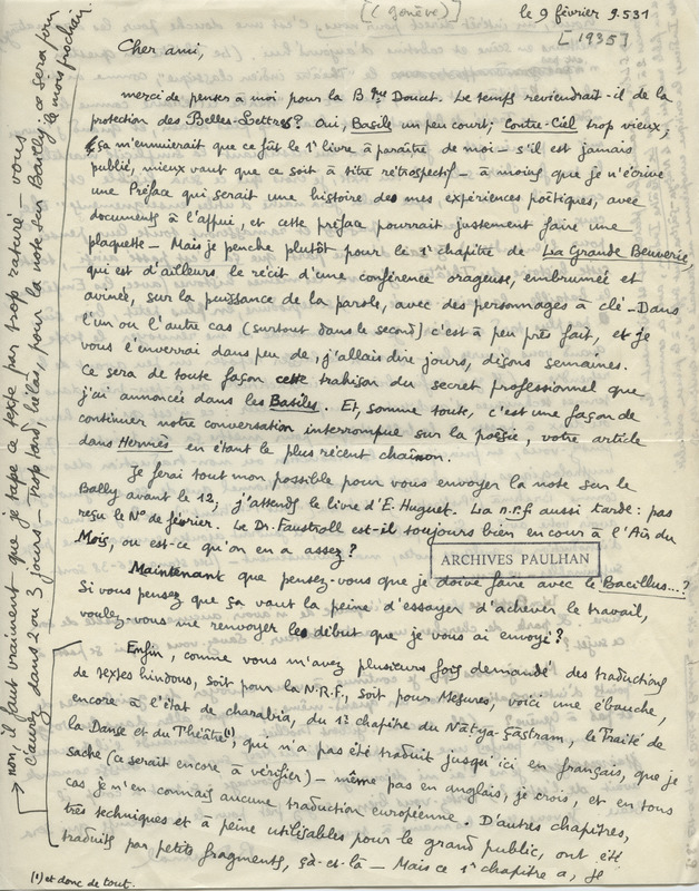 Lettre de René Daumal à Jean Paulhan, 1935-02-09