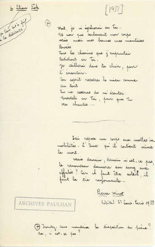 Lettre de Pierre Minet à Jean Paulhan, 1933