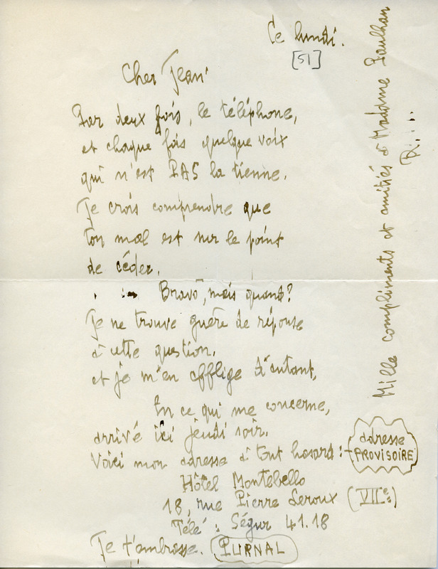 Lettre de Roland Purnal à Jean Paulhan, 1951 Lettre de Roland Purnal à Jean Paulhan, 1951