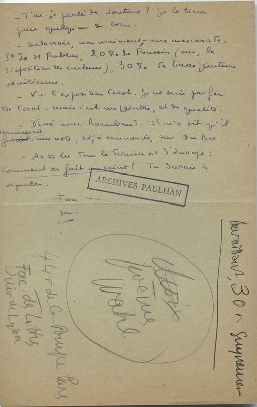 Lettre de Marcel Arland à Jean Paulhan, 1930