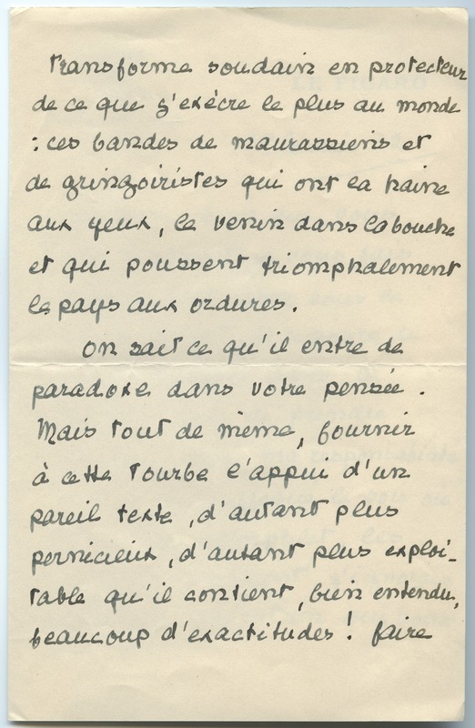 Lettre de Pierre Brisson à Jean Paulhan (1er février 1952)