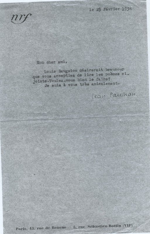 Lettre de Jean Paulhan à Julien Lanoë, 1934-02-28