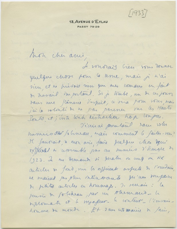 Lettre de Jacques de Lacretelle à Jean Paulhan (1933)