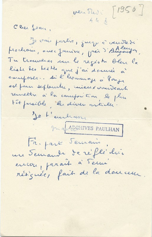 Lettre de Marcel Arland à Jean Paulhan, 1956 Lettre de Marcel Arland à Jean Paulhan, 1956