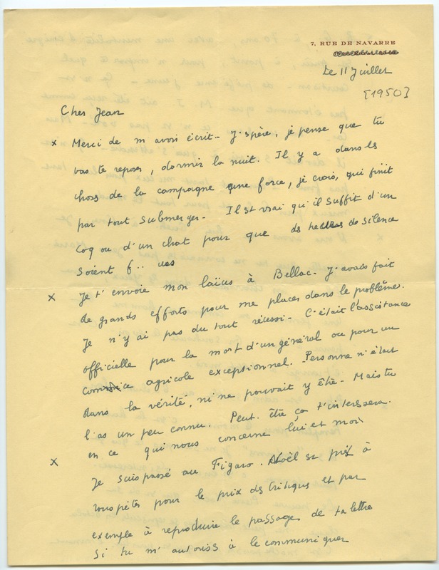 Lettre de Jean Blanzat à Jean Paulhan (11 juillet 1950)