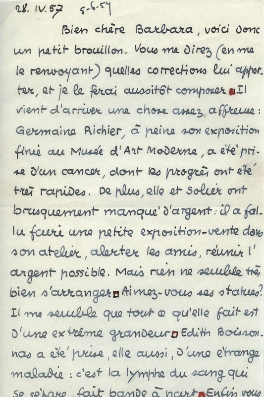 Lettre de Jean Paulhan à Barbara Church (28 avril 1957)