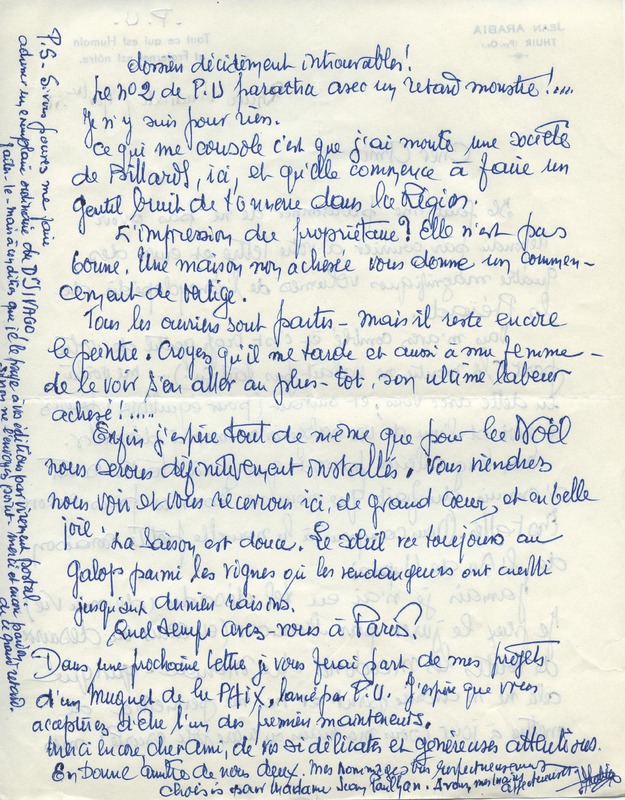 Lettre de Jean Arabia à Jean Paulhan, 1958-11-07